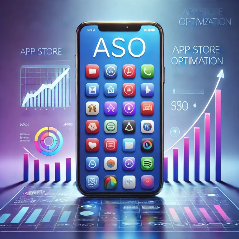 App Store Optimization'ı temsil eden, bir akıllı telefon ekranında uygulama mağazası arayüzü ve büyümeyi simgeleyen grafiklerle oluşturulmuş modern bir dijital illüstrasyon.