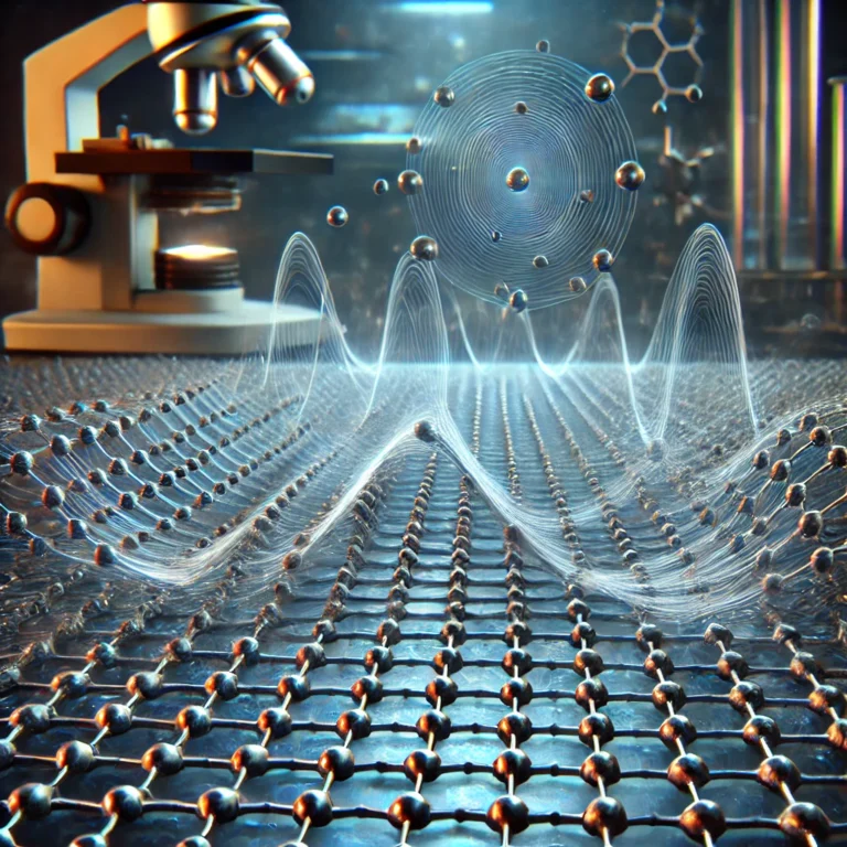 Bir kuantum fiziği deneyinin gerçekçi bir tasviri: İnce, şeffaf bir grafen tabakası üzerinden geçen yüksek enerjili helyum ve hidrojen atomları, belirgin dairesel dalga desenleri oluşturuyor.