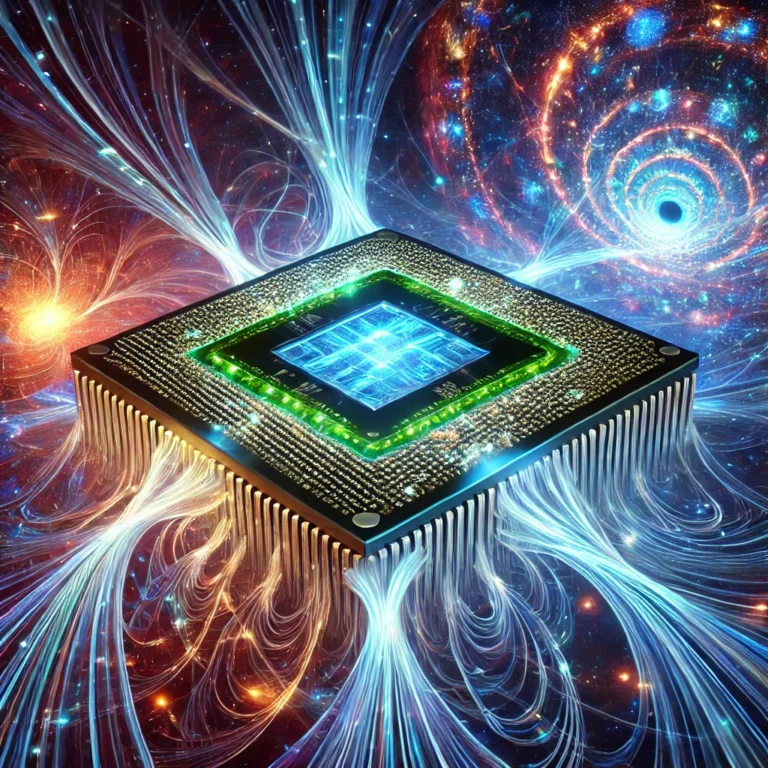 Willow kuantum çipi, çoklu evrenler varlığına dair kanıt sunduğu belirtilen, ileri teknolojili bir kuantum bilgisayar çipi ve paralel evrenlerin temsili.