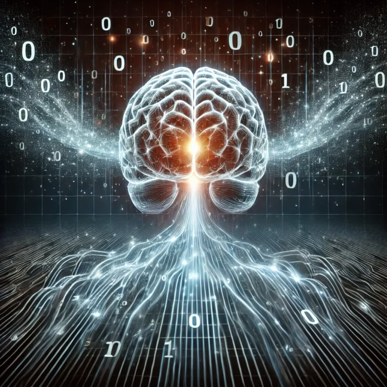 İnsan beyninin düşünce hızını temsil eden, etrafında veri akışını simgeleyen ikili kod (1'ler ve 0'lar) ile çevrili parlayan bir beyin.