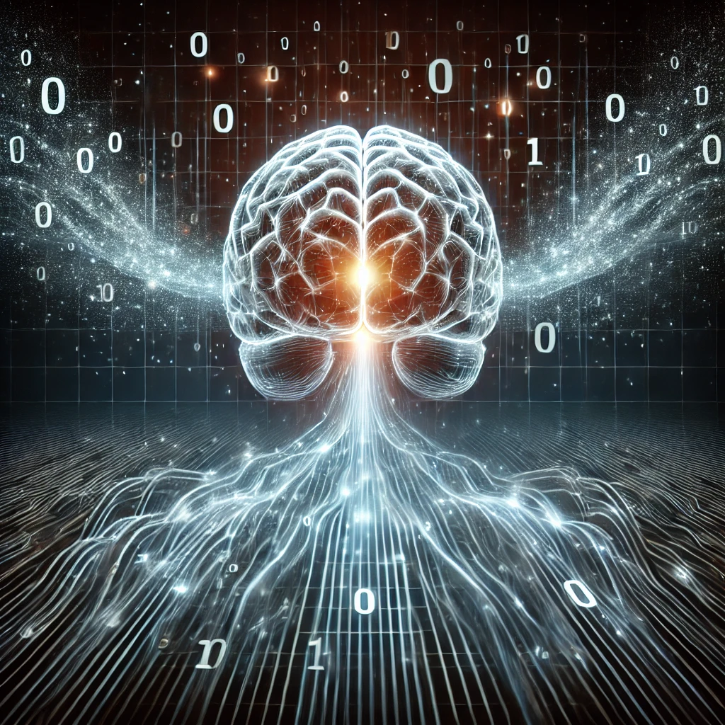 İnsan beyninin düşünce hızını temsil eden, etrafında veri akışını simgeleyen ikili kod (1'ler ve 0'lar) ile çevrili parlayan bir beyin.