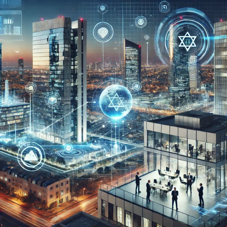 Modern İsrail şehir manzarası; teknoloji üssü olarak tasvir edilmiş, ışıklı yüksek binalar ve teknolojik sembollerle süslenmiş bir görüntü.