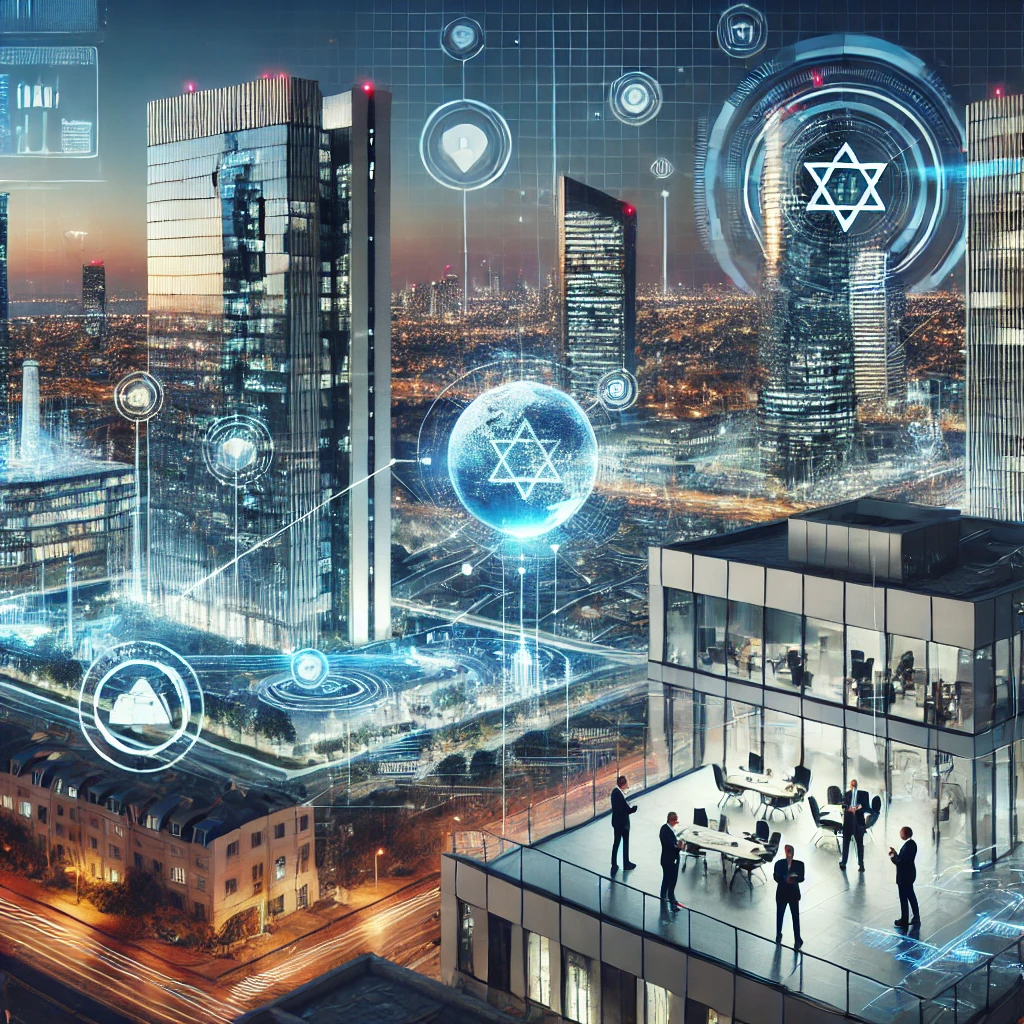 Modern İsrail şehir manzarası; teknoloji üssü olarak tasvir edilmiş, ışıklı yüksek binalar ve teknolojik sembollerle süslenmiş bir görüntü.