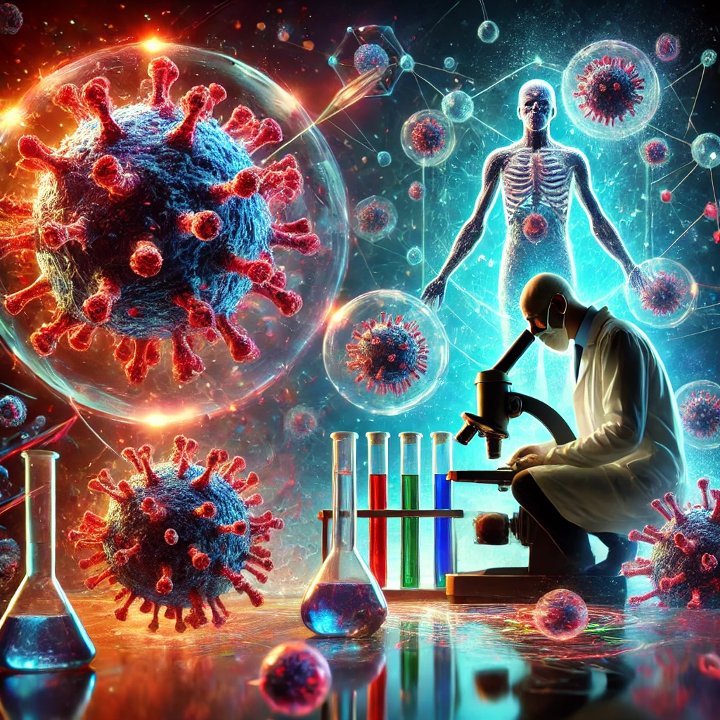 Laboratuvarda virüslerle kanserin tedavisini temsil eden bir virolog, mikroskopla çalışırken kanser hücrelerine saldıran parlayan virüsleri gözlemliyor.