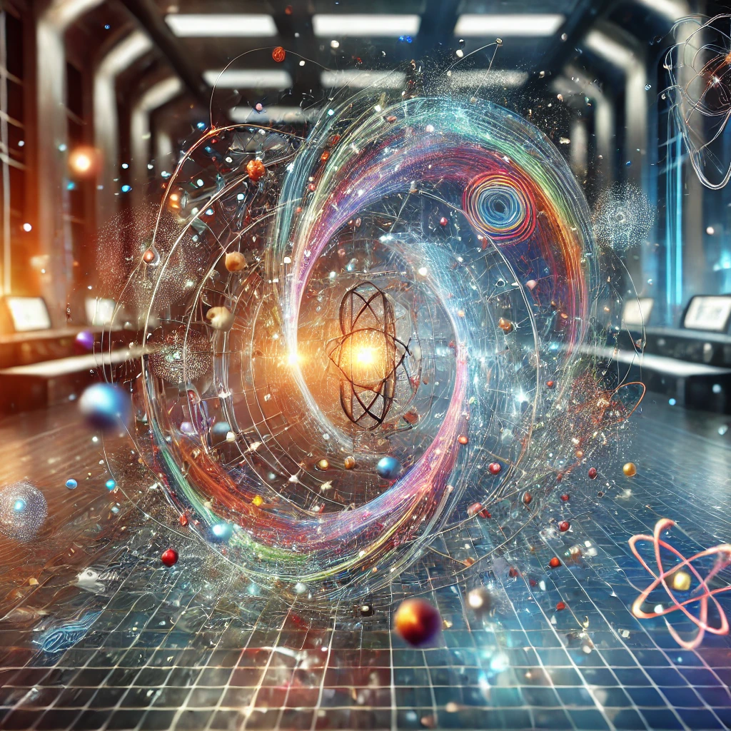 Modern bir laboratuvar ortamında parlayan kuantum parçacıklarıyla renkli parçacık etkileşimlerini ve kuantum dolanıklığını içeren, kuantum fiziğinin soyut bir sanatsal temsili.