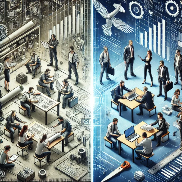 Mühendisler ve işletmeciler arasındaki sembolik rekabeti gösteren bir sahne; mühendisler teknolojik araçlar ve planlarla, işletmeciler ise grafikler ve belgelerle temsil ediliyor.