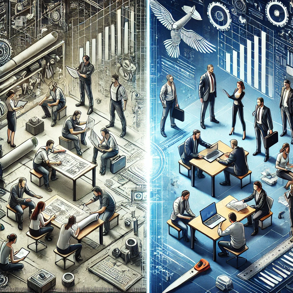 Mühendisler ve işletmeciler arasındaki sembolik rekabeti gösteren bir sahne; mühendisler teknolojik araçlar ve planlarla, işletmeciler ise grafikler ve belgelerle temsil ediliyor.