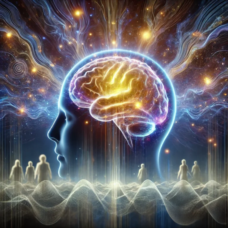 Ölüm anında beyindeki gama dalgalarını gösteren bir görsel: Parlayan bir insan beyni, mavi, mor ve altın tonlarında dinamik ışık desenleri yayıyor.