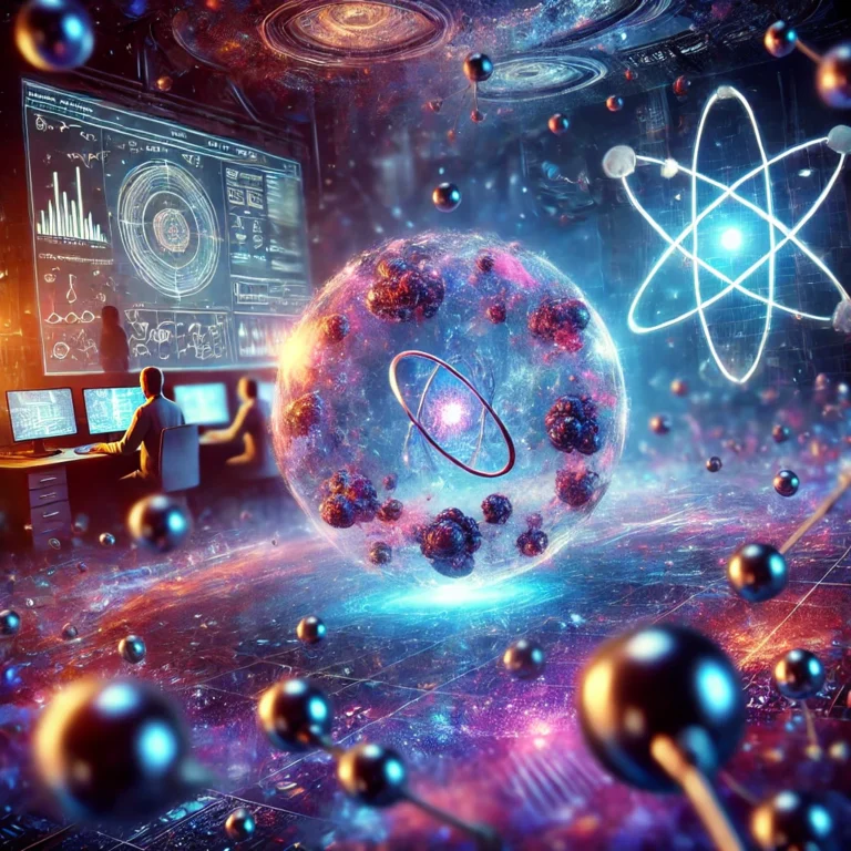 Bir kuantum fiziği keşfi görselleştirmesi: Parlak küreler şeklinde fermiyon ve bozon parçacıklarının kozmik bir ortamda süzüldüğü, benzersiz bir parlaklıkla öne çıkan paraparçacığın yer aldığı bir sahne.