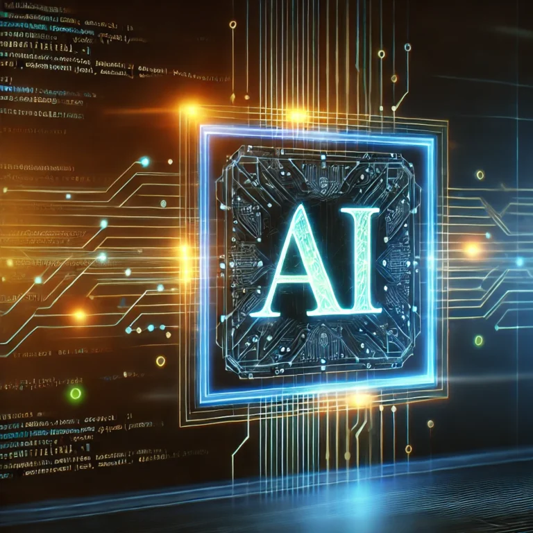 Parlayan kod satırları ve sinir ağı grafikleri içeren fütüristik bir arayüzün yer aldığı, şık bir dijital arka plana sahip yapay zeka destekli programlama konsept sanatı.