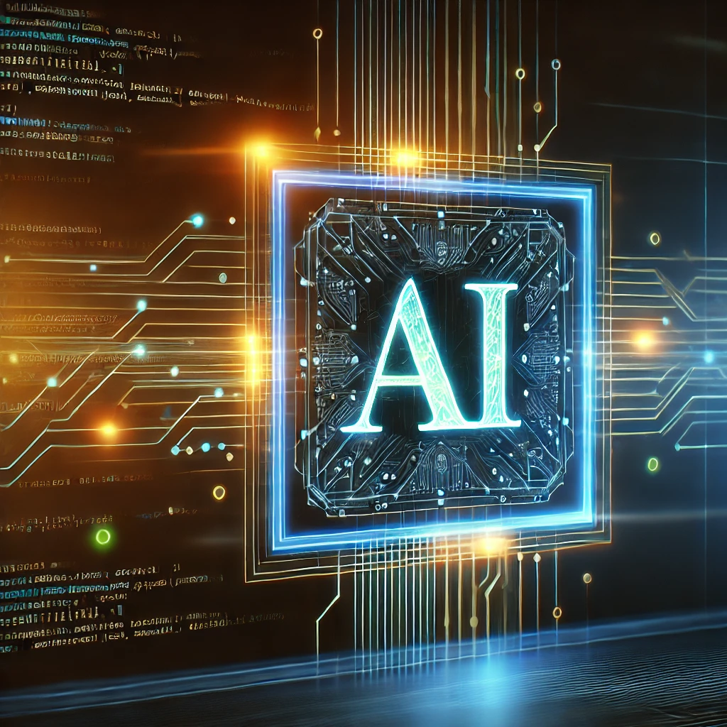 Parlayan kod satırları ve sinir ağı grafikleri içeren fütüristik bir arayüzün yer aldığı, şık bir dijital arka plana sahip yapay zeka destekli programlama konsept sanatı.