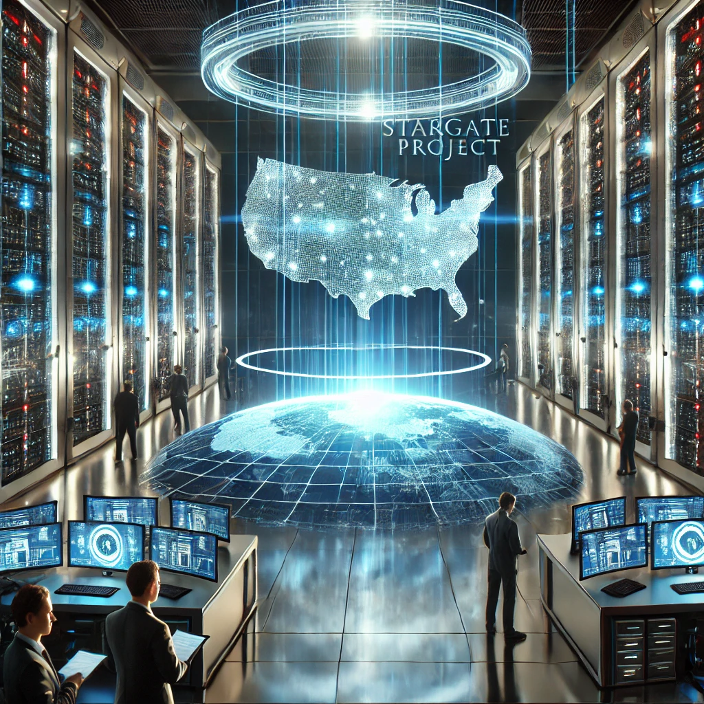 Stargate Projesi’nin geleceğini temsil eden bir görsel: Parlayan veri merkezleri, modern bir çalışma alanında iş birliği yapan mühendisler ve Teksas’ın başlangıç noktası olarak vurgulandığı holografik bir ABD haritası.