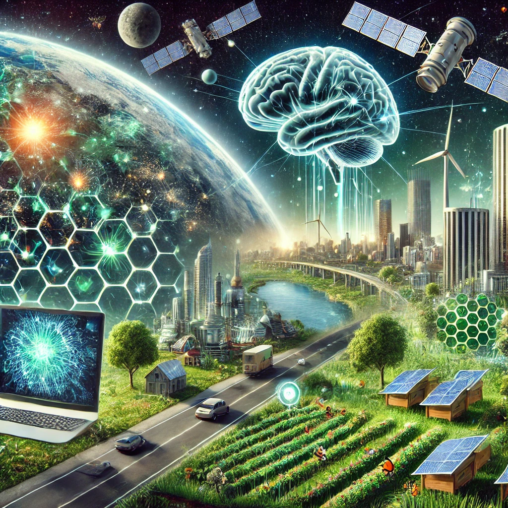 2025'teki teknolojik yenilikleri gösteren bir görsel. Uzaydan dünyaya güneş enerjisi aktarımı, genetik haritalama süper bilgisayarı, yeşil köprüler ve modern şehir manzarası yer alıyor.