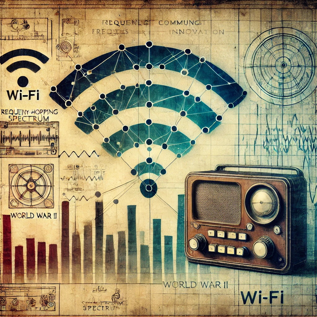 Wi-Fi teknolojisini ve frekans atlamalı spektrumu temsil eden, tarihi bir dokunuşla modern bir sanat eseri.