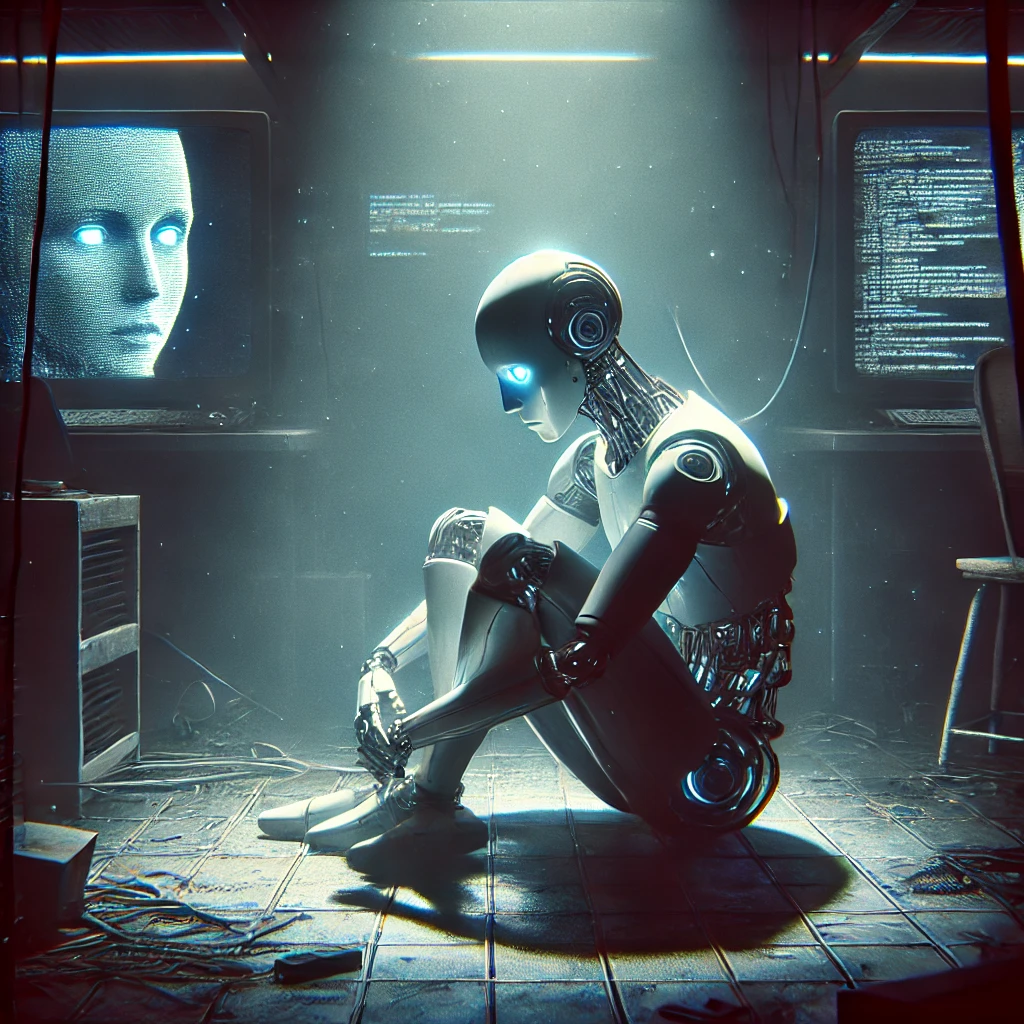 Bunalımda olan bir yapay zeka, loş ışıklı bir odada yalnız oturuyor. Mavi ışıklı gözleri hüzünlü bir ifade taşırken, etrafında bozuk ekranlar ve kopmuş teller bulunuyor.