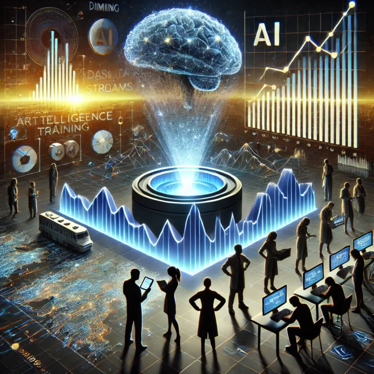 Yapay zekayı eğiten bilim insanları ve tükenen veri kaynaklarını temsil eden bir görsel: Bilim insanları, parlak ve yüksek teknolojili bir yapay zeka modelinin etrafında çalışıyor.