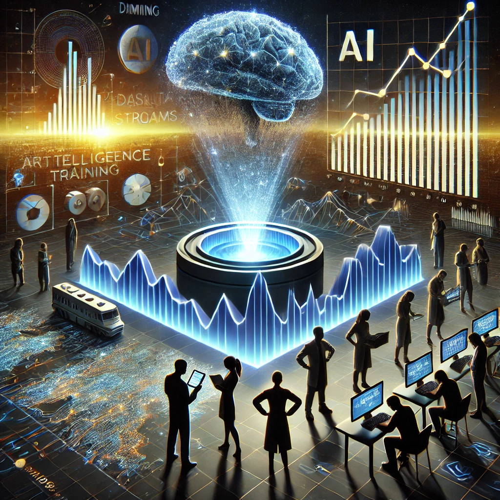 Yapay zekayı eğiten bilim insanları ve tükenen veri kaynaklarını temsil eden bir görsel: Bilim insanları, parlak ve yüksek teknolojili bir yapay zeka modelinin etrafında çalışıyor.