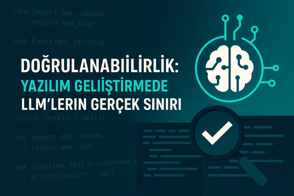 Yapay zeka simgesi, kod satırları ve büyüteçle işaretlenmiş onay simgesiyle yazılım doğrulama sürecini temsil eden dijital görsel.