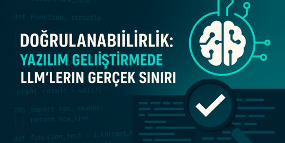 Yapay zeka simgesi, kod satırları ve büyüteçle işaretlenmiş onay simgesiyle yazılım doğrulama sürecini temsil eden dijital görsel.